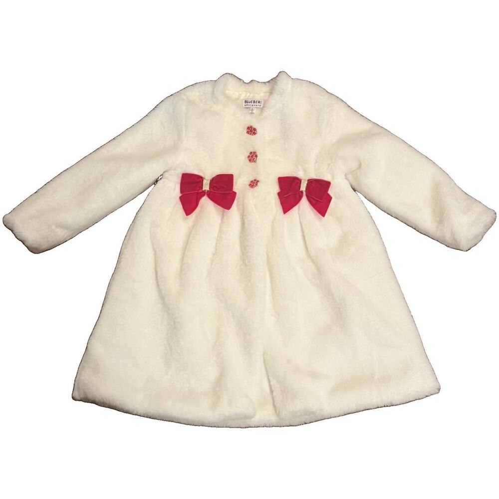Blueberi Boulevard Girls White Faux Fur Coat Red Bows Rhinestone Buttons 5